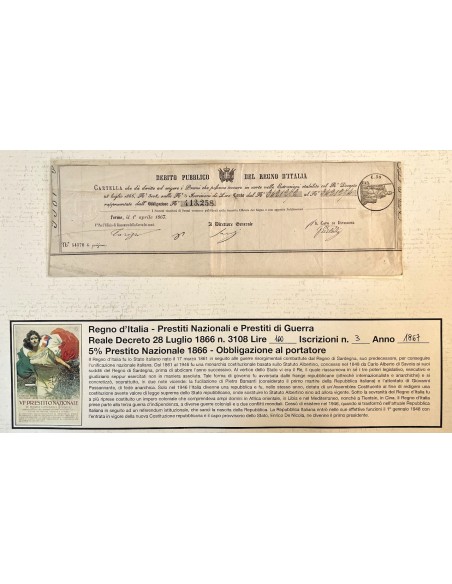 1867 - PRESTITO NAZIONALE CARTELLA PER OBBLIGAZIONE LIRE 100 N. 3 ISCRIZ. - REGNO D'ITALIA - TORINO