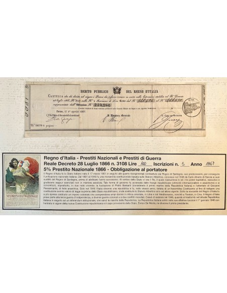 1867 - PRESTITO NAZIONALE CARTELLA PER OBBLIGAZIONE LIRE 100 N. 5 ISCRIZ. - REGNO D'ITALIA - TORINO
