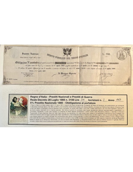 1867 - PRESTITO NAZIONALE CARTELLA PER OBBLIGAZIONE LIRE 200 N. 2 ISCRIZ. - REGNO D'ITALIA - TORINO