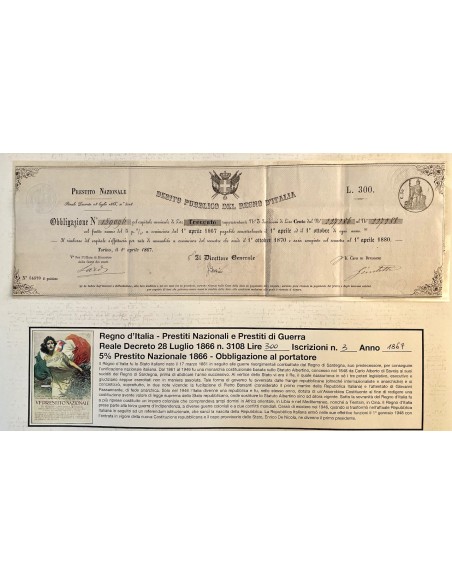 1867 - PRESTITO NAZIONALE CARTELLA PER OBBLIGAZIONE LIRE 300 N. 3 ISCRIZ. - REGNO D'ITALIA - TORINO