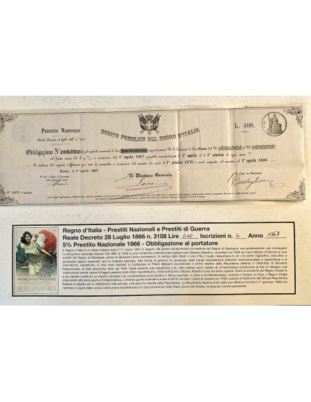 1867 - PRESTITO NAZIONALE CARTELLA PER OBBLIGAZIONE LIRE 400 N. 4 ISCRIZ. - REGNO D'ITALIA - TORINO