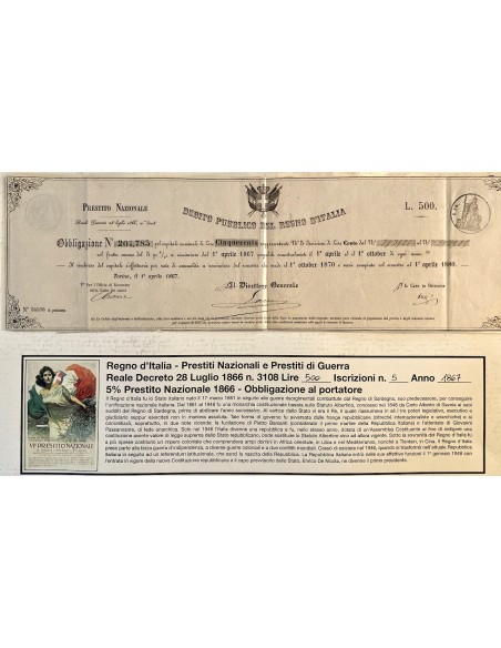 1867 - PRESTITO NAZIONALE CARTELLA PER OBBLIGAZIONE LIRE 500 N. 5 ISCRIZ. - REGNO D'ITALIA - TORINO