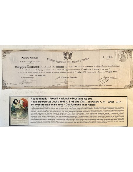 1867 - PRESTITO NAZIONALE CARTELLA PER OBBLIGAZIONE LIRE 1.000 N. 10 ISCRIZ. - REGNO D'ITALIA - TORINO
