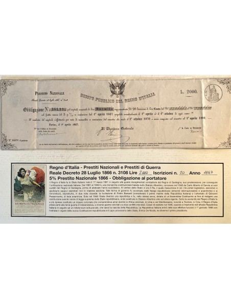 1867 - PRESTITO NAZIONALE CARTELLA PER OBBLIGAZIONE LIRE 2.000 N. 20 ISCRIZ. - REGNO D'ITALIA - TORINO