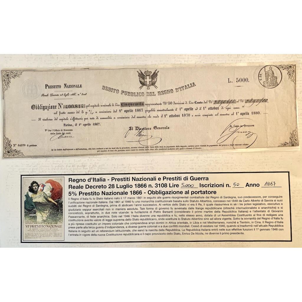 1867 - PRESTITO NAZIONALE CARTELLA PER...