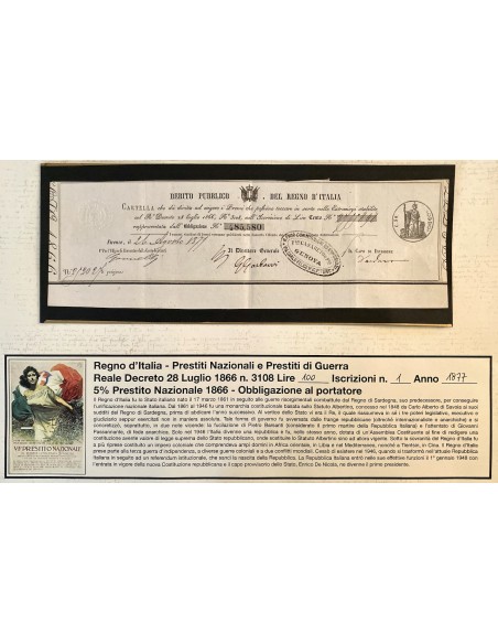 1877 - PRESTITO NAZIONALE CARTELLA PER OBBLIGAZIONE LIRE 100 N. 1 ISCRIZ. - REGNO D'ITALIA - TORINO
