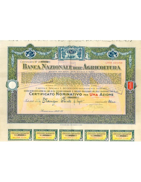 1942 - BANCA NAZIONALE DELL'AGRICOLTURA - 1 AZIONE - ROMA