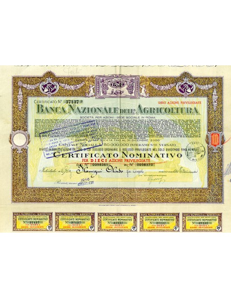 1946 - BANCA NAZIONALE DELL'AGRICOLTURA - 10 AZIONI - ROMA