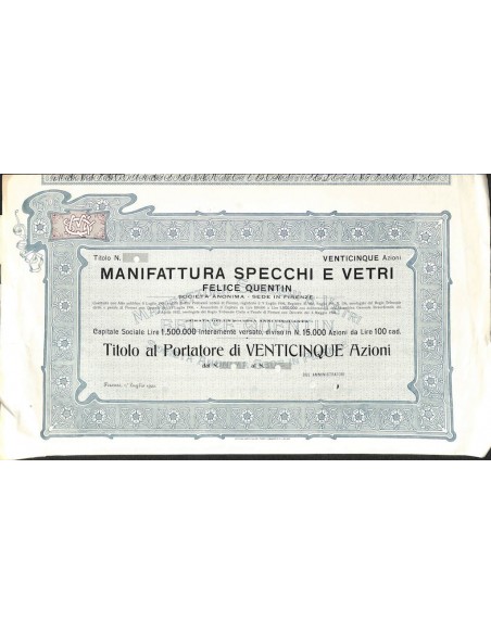 MANIFATTURA SPECCHI E VETRI - 25 AZIONI FIRENZE 1922