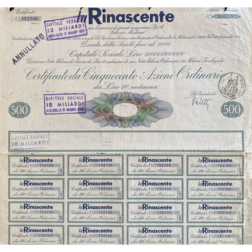 1961 - LA RINASCENTE - 500 AZIONI ORDINARIE - MILANO
