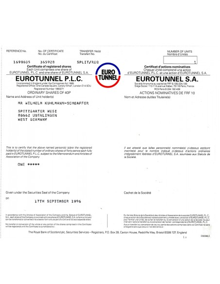 1996 - EUROTUNNEL P.L.C. - LONDRA