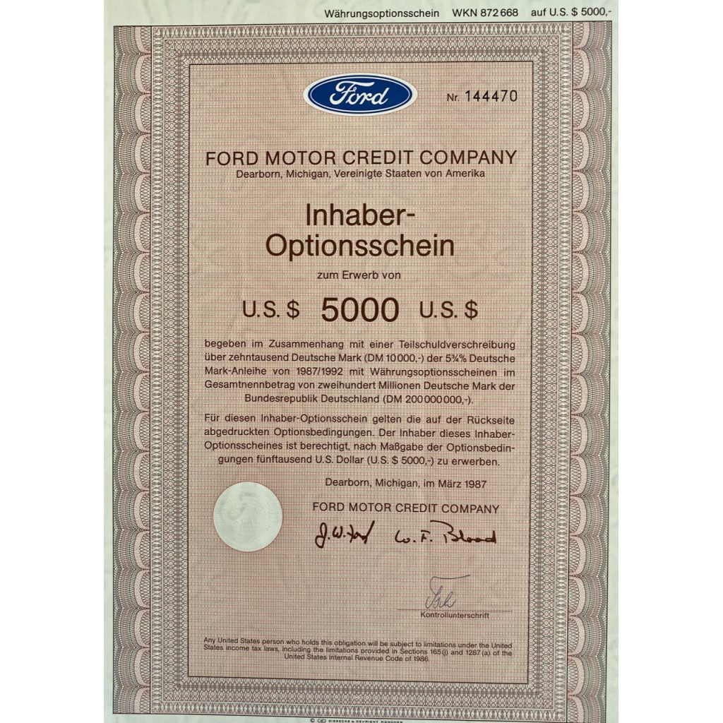 1987 - FORD MOTOR CREDIT COMPANY - 5000 DOLLARI