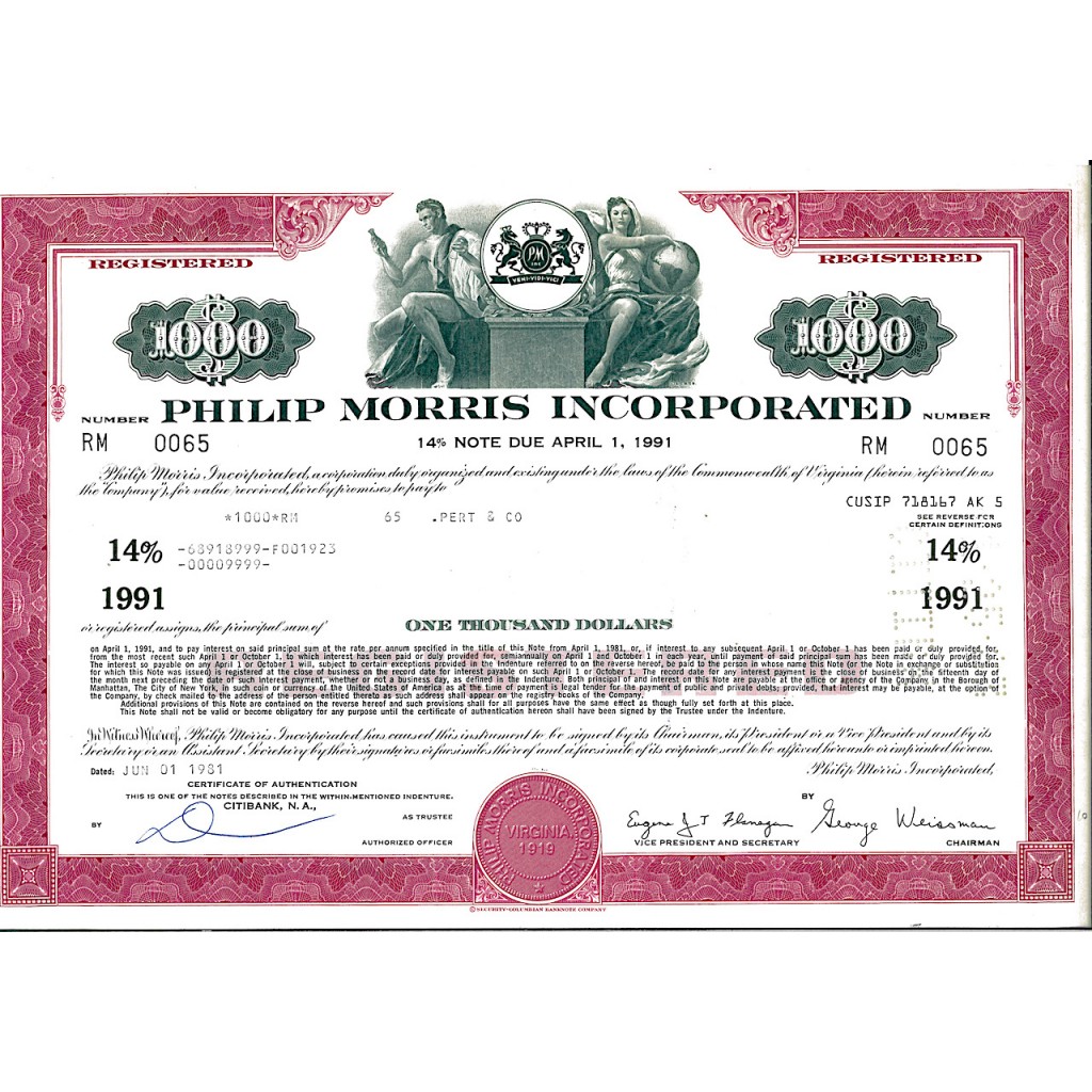 1981 - PHILIP MORRIS INCORPORATED 1.000$ - NEW YORK