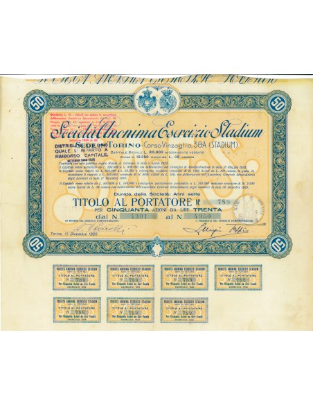 1926 - ESERCIZIO STADIUM S.A. 50 AZIONI - TORINO