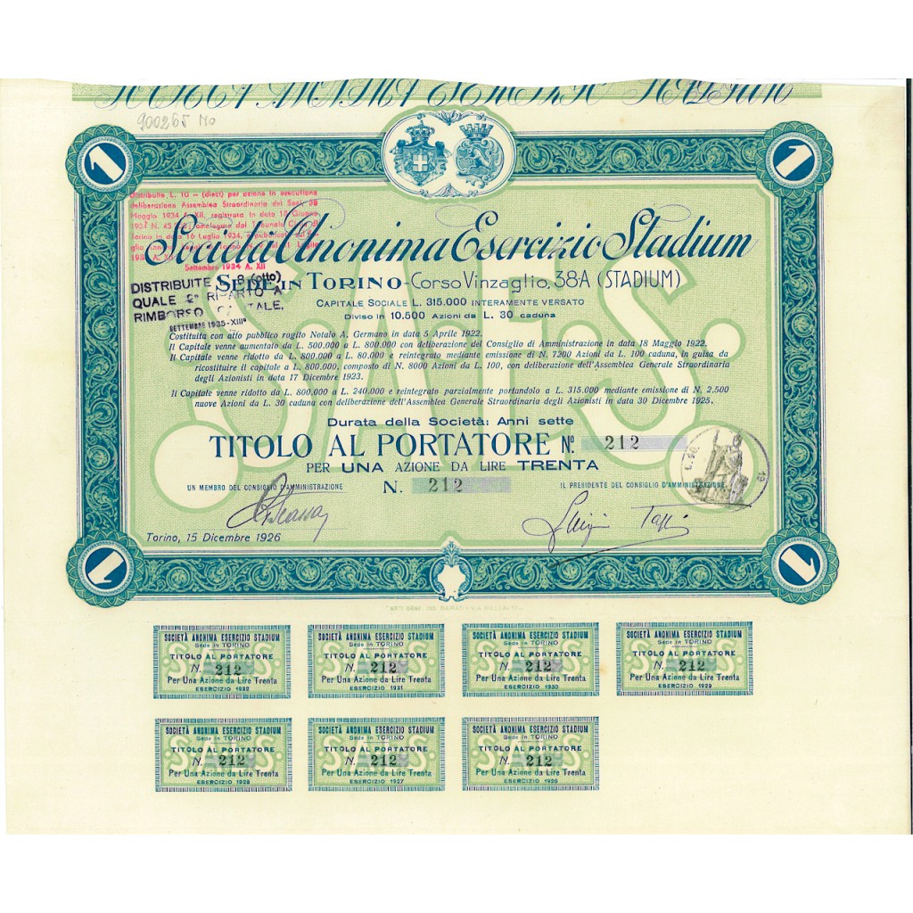 1926 - ESERCIZIO STADIUM S.A. 1 AZIONE - TORINO