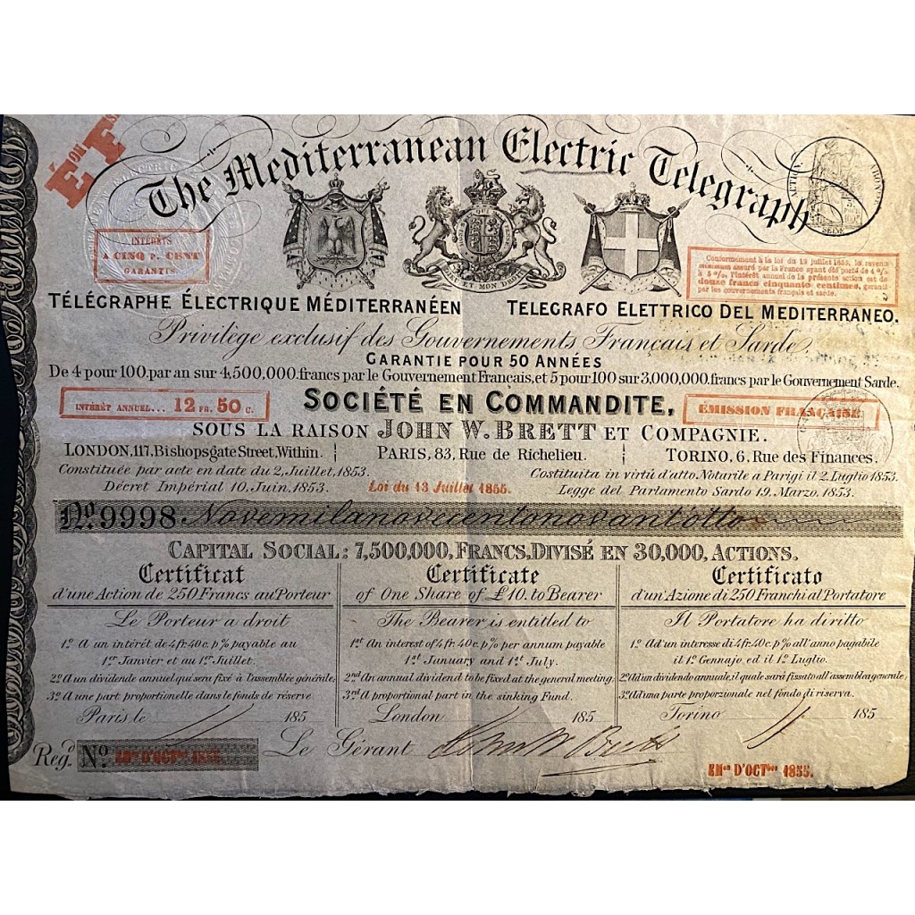 1855 - THE MEDITERRANEAN ELECTRIC TELEGRAPH 1...