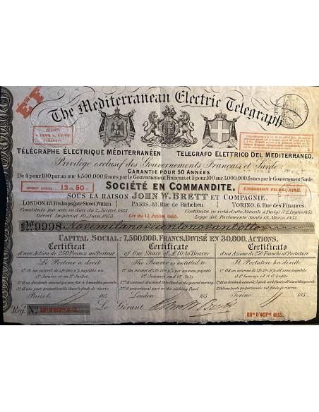 1855 - THE MEDITERRANEAN ELECTRIC TELEGRAPH 1 AZIONE  - PARIGI