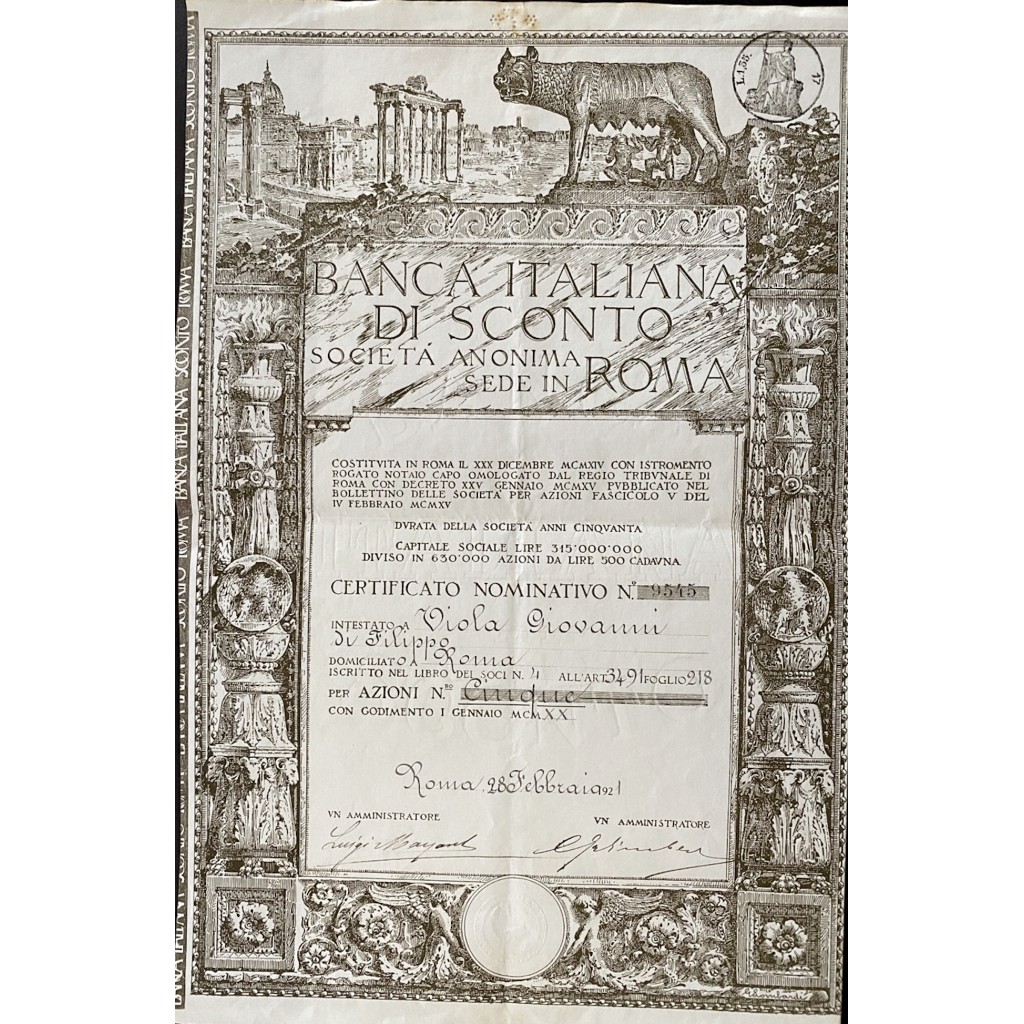 1921 - BANCA ITALIANA DI SCONTO 5 azioni (ver....