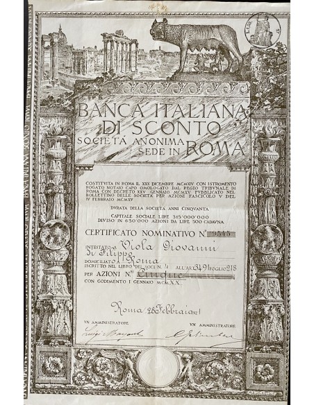 1921 - BANCA ITALIANA DI SCONTO 5 azioni (ver. rara LUPA) - ROMA