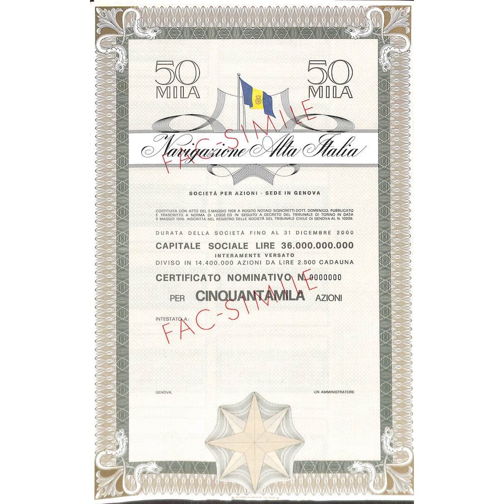 NAVIGAZIONE ALTA ITALIA - 50000 AZIONI - GENOVA 1906