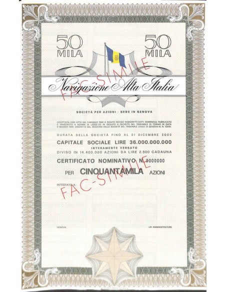 NAVIGAZIONE ALTA ITALIA - 50000 AZIONI - GENOVA 1906
