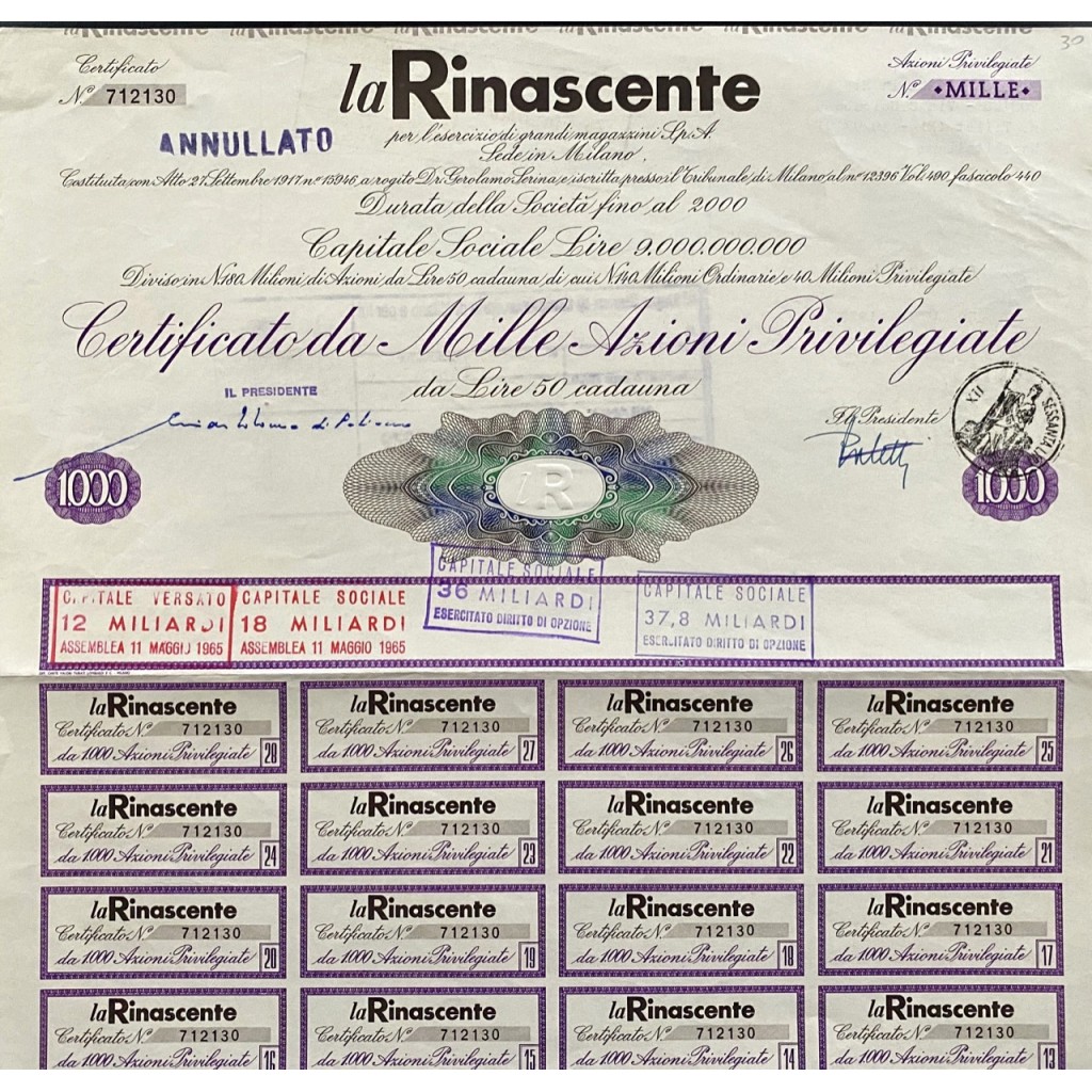 1965 - LA RINASCENTE - 1.000 AZIONI...