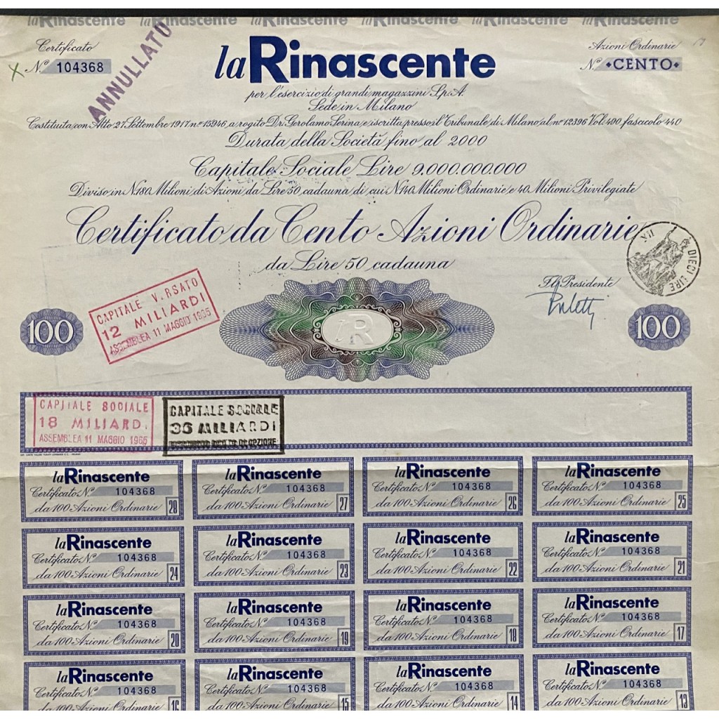 1965 - LA RINASCENTE - 100 AZIONI ORDINARIE DI LIRE 50 - MILANO
