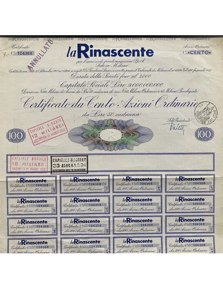 1965 - LA RINASCENTE - 100 AZIONI ORDINARIE DI LIRE 50 - MILANO