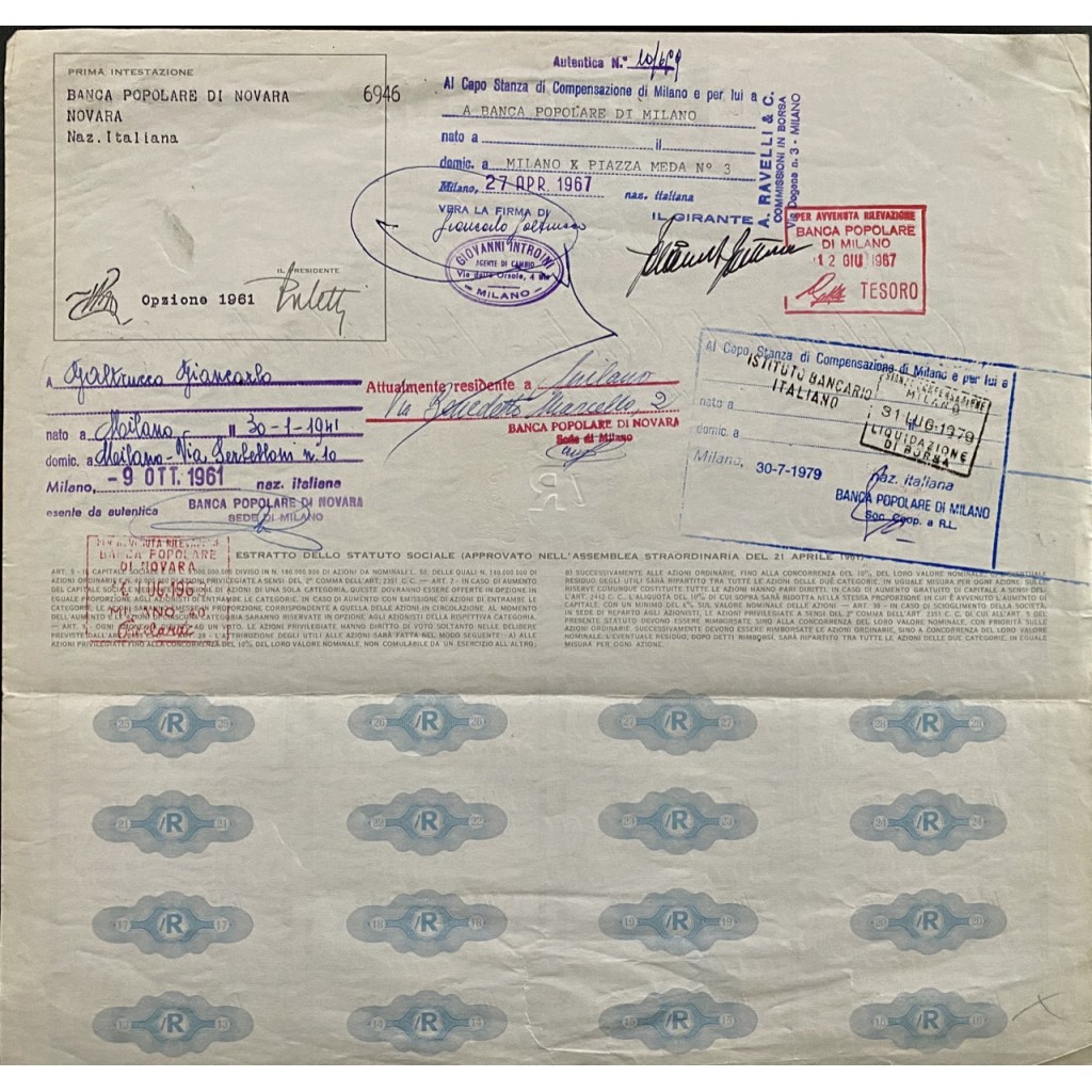 1965 - LA RINASCENTE - 100 AZIONI ORDINARIE DI...