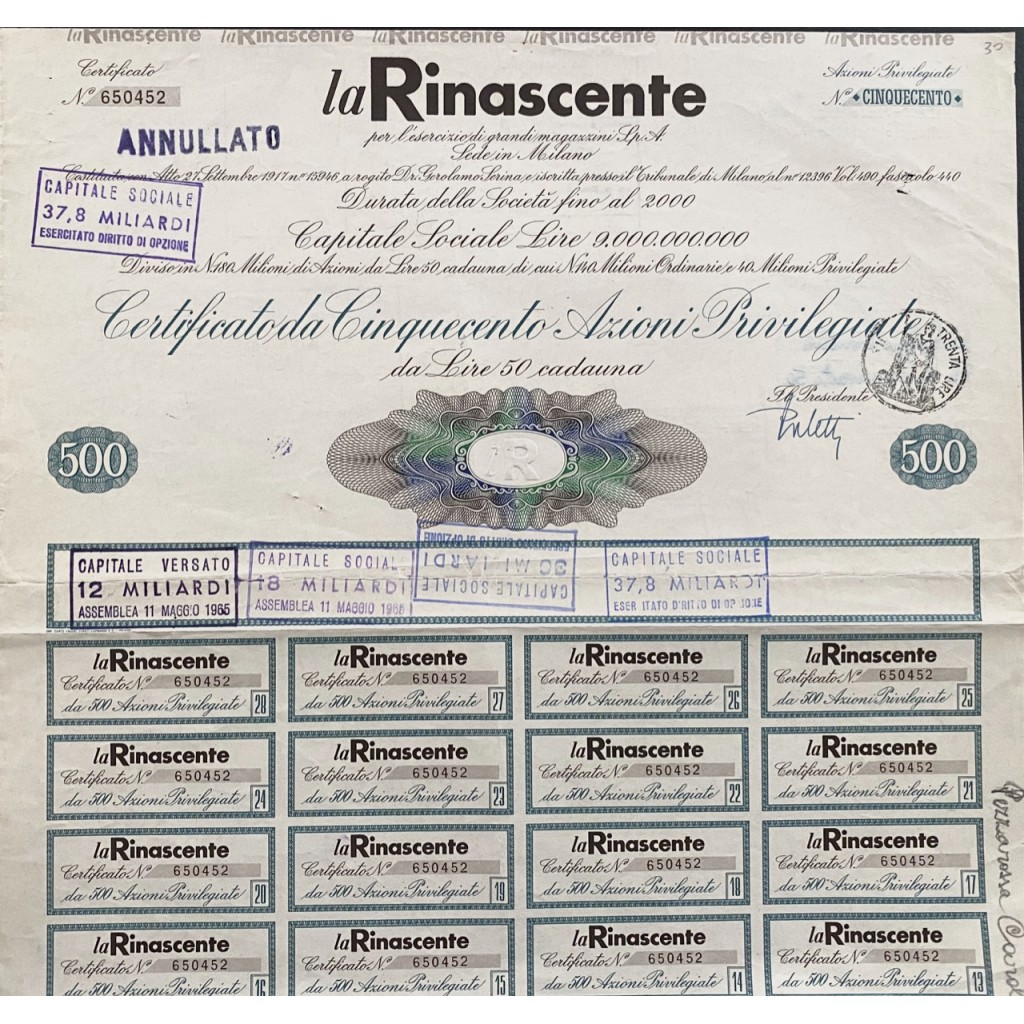 1965 - LA RINASCENTE - 500 AZIONI PRIVILEGIATE...