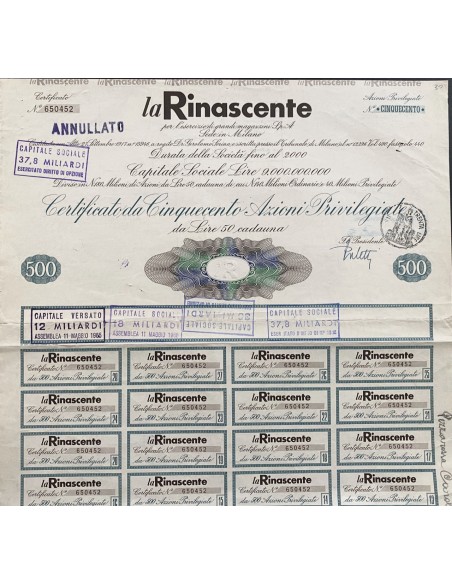 1965 - LA RINASCENTE - 500 AZIONI PRIVILEGIATE DI LIRE 50 - MILANO