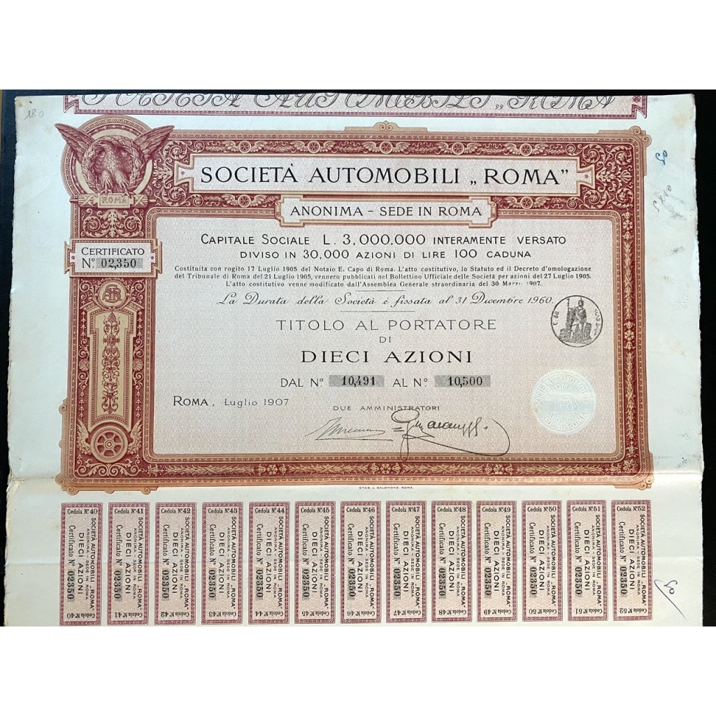 1907 - SOCIETA' AUTOMOBILI ROMA 10 AZIONI - ROMA