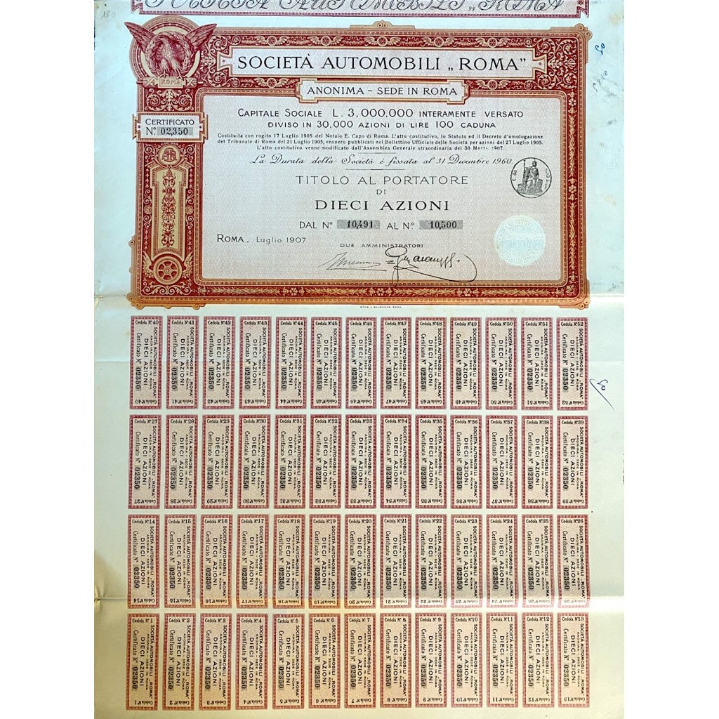 1907 - SOCIETA' AUTOMOBILI ROMA 10 AZIONI - ROMA