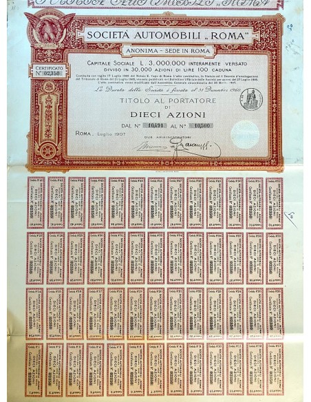 1907 - SOCIETA' AUTOMOBILI ROMA 10 AZIONI - ROMA