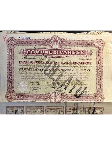 1926 - COMUNE DI VARESE SERIE SECONDA ANNO VI 5 OBBLIGAZIONI - VARESE