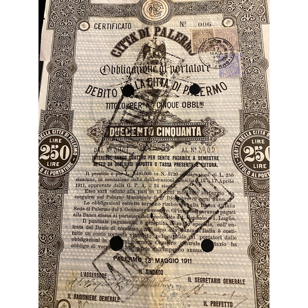 1911 - CITTA' DI PALERMO 5 OBBLIGAZIONI - PALERMO