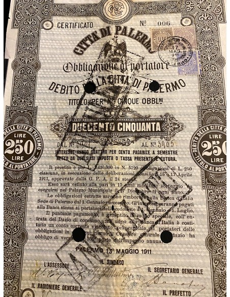 1911 - CITTA' DI PALERMO 5 OBBLIGAZIONI - PALERMO