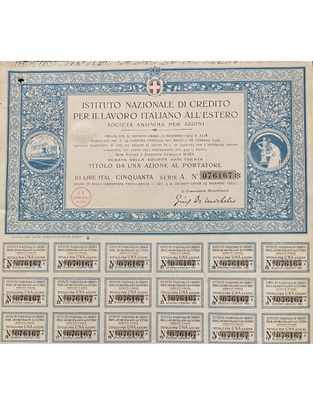 1923 - ISTITUTO NAZIONALE DI CREDITO PER IL LAVORO ITALIANO ALL'ESTERO 1 AZIONE - ROMA