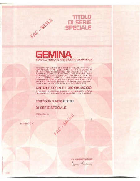 GEMINA - CERTIFICATO DI AZIONI MILANO SERIE SPECIALE