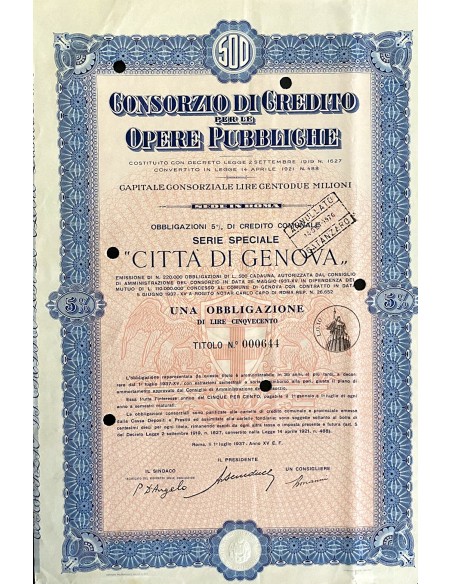 1937 - CONSORZIO DI CREDITO PER LE OPERE PUBBLICHE 1 OBBLIGAZIONE - ROMA