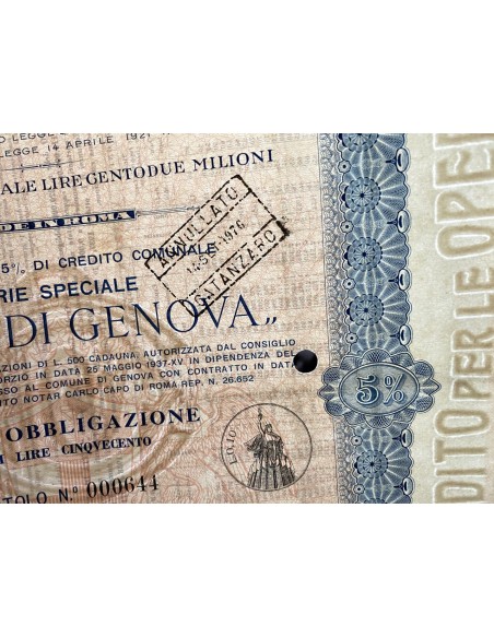 1937 - CONSORZIO DI CREDITO PER LE OPERE PUBBLICHE 1 OBBLIGAZIONE - ROMA
