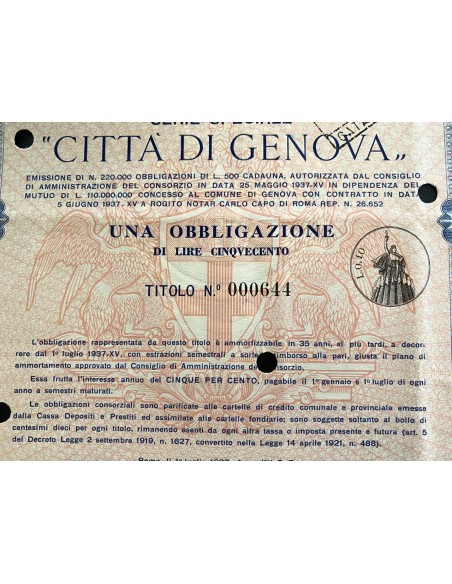 1937 - CONSORZIO DI CREDITO PER LE OPERE PUBBLICHE 1 OBBLIGAZIONE - ROMA