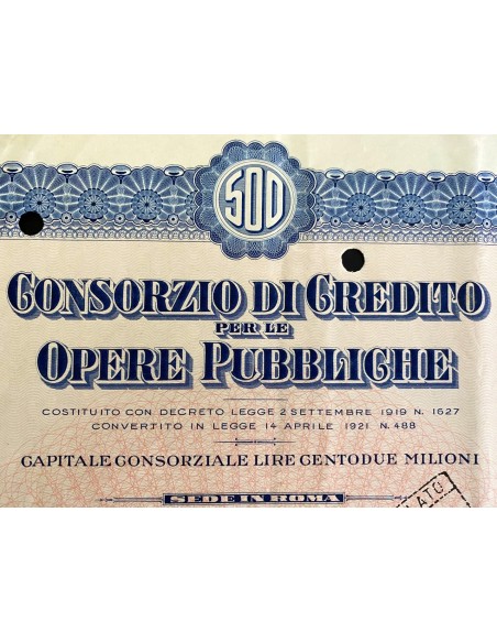 1937 - CONSORZIO DI CREDITO PER LE OPERE PUBBLICHE 1 OBBLIGAZIONE - ROMA
