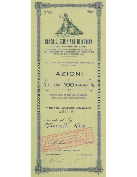 BANCO DI SAN GEMINIANO IN MODENA 1 AZIONE MODENA 1932