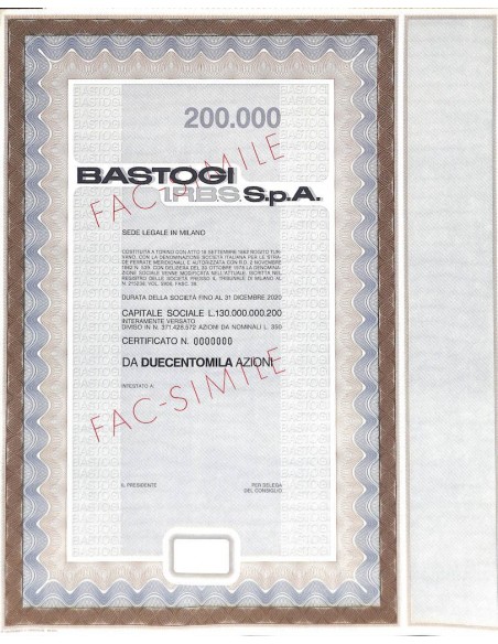 BASTOGI IRBS SPA - 200000 AZIONI MILANO 1862