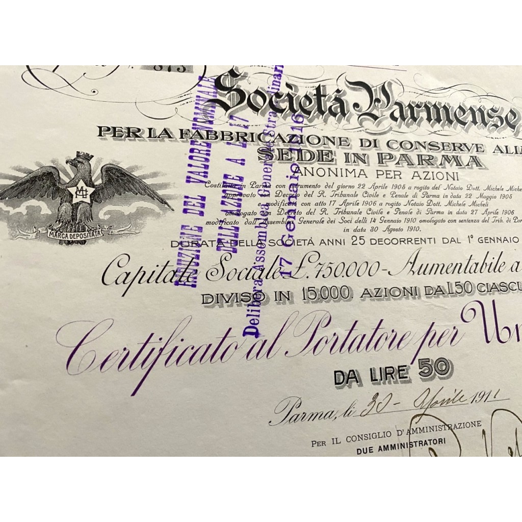 1911 - SOCIETA' PARMENSE PER LA FABBRICAZIONE...