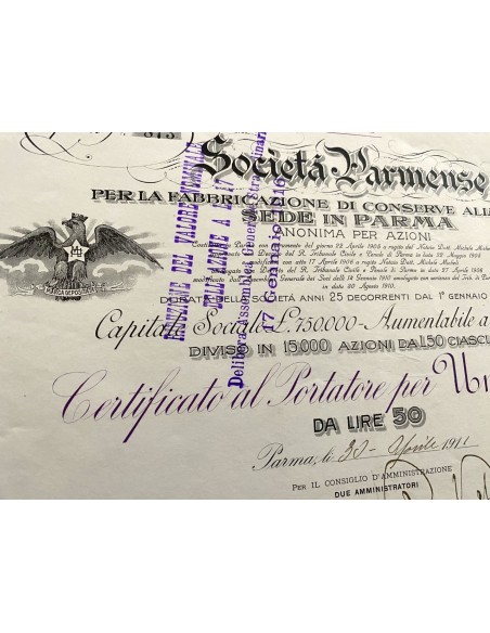 1911 - SOCIETA' PARMENSE PER LA FABBRICAZIONE DI CONSERVE ALIMENTARI 1 AZIONE - PARMA