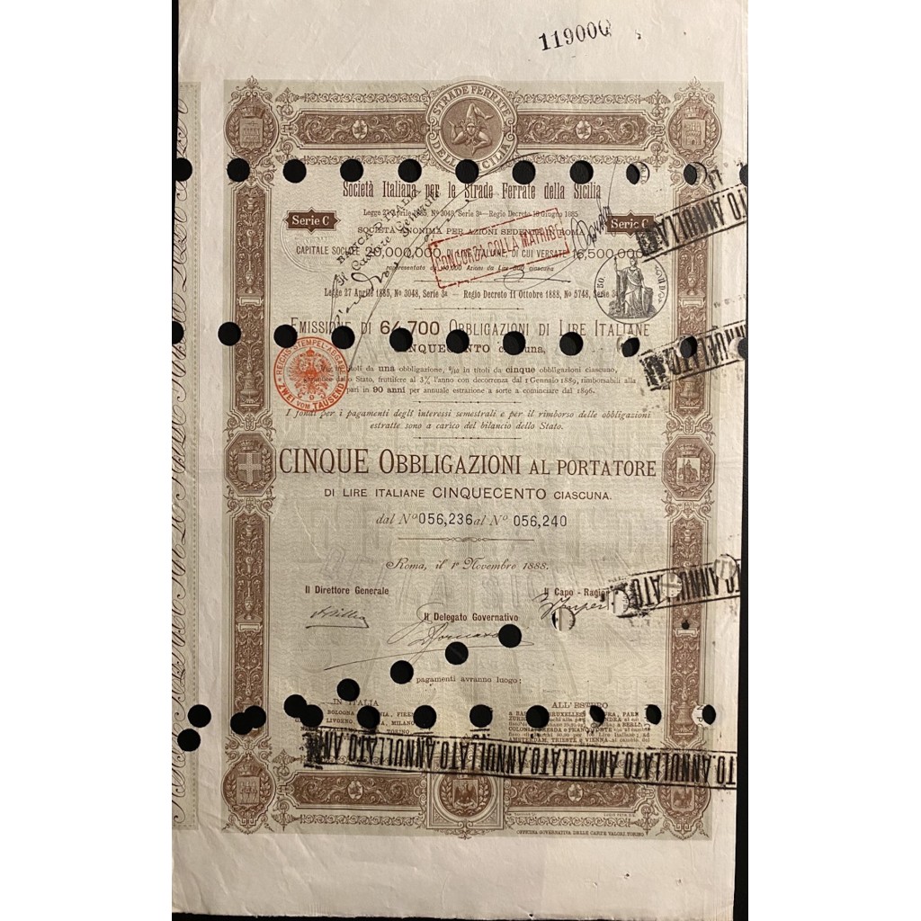 1888 - 1889 LOTTO 5 OBBLIGAZIONI FERROVIE ITALIANE
