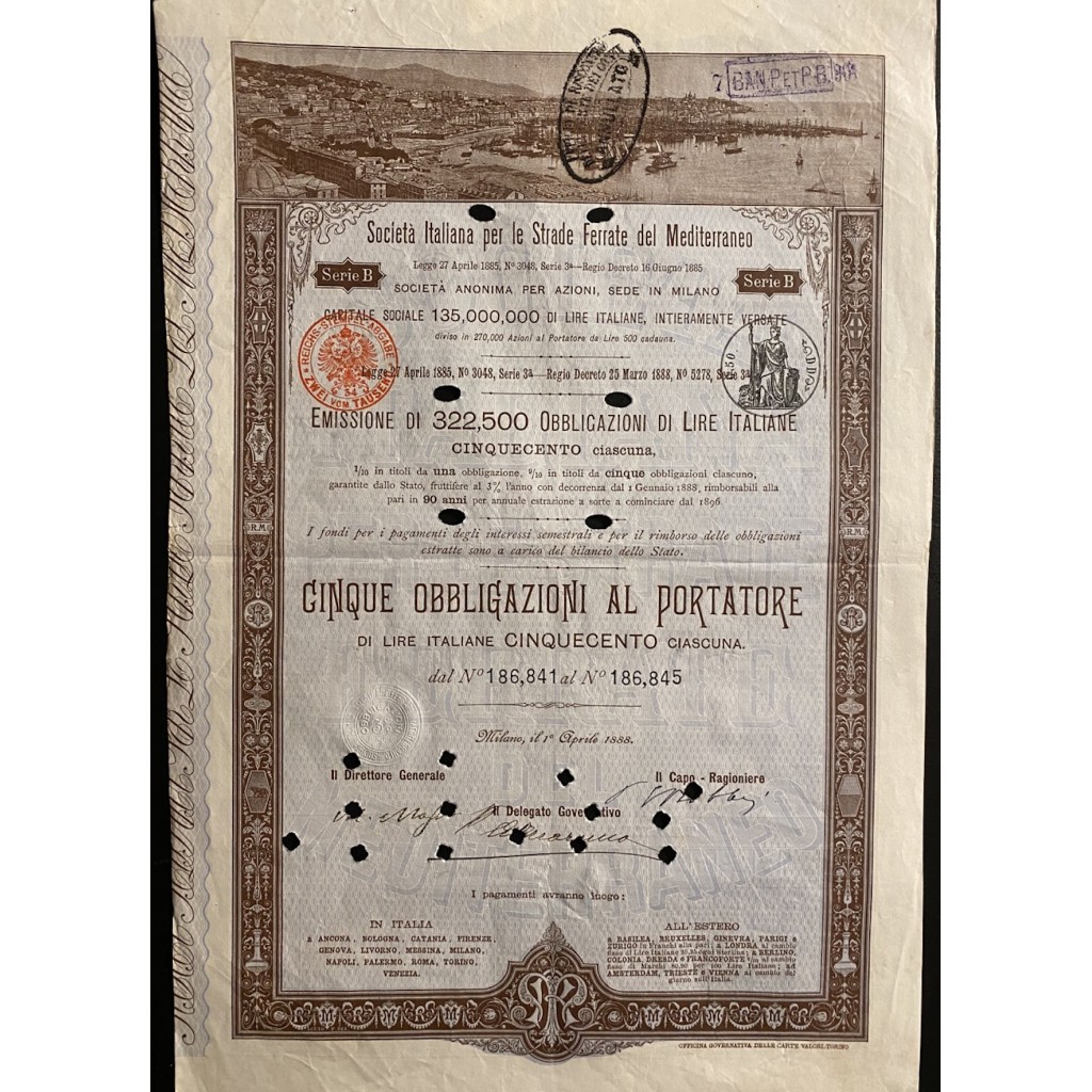 1888 - 1889 LOTTO 5 OBBLIGAZIONI FERROVIE ITALIANE