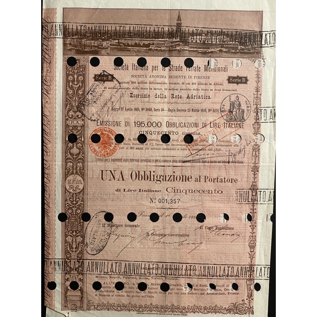 1888 - 1889 LOTTO 5 OBBLIGAZIONI FERROVIE ITALIANE
